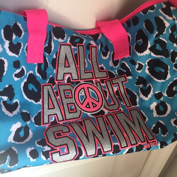 ❤️Justice gym bag canvas all about swim hot pink and blue leopard print glittery - Picture 2 of 15